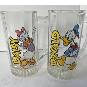 Vintage 1970s Disney Donald & Daisy Duck Clear Glass Mug Set (2)